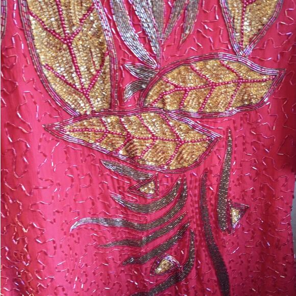 Vntg silk beaded red gold india dress eve’s allure 80s 90s glam holiday xl ml - Picture 12 of 15